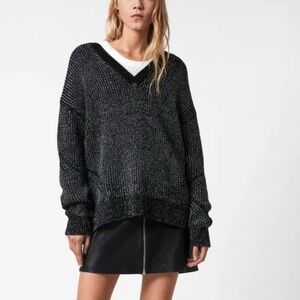 All Saints Metallic V-Neck Knit Sweater | Black Silver | Size XS
